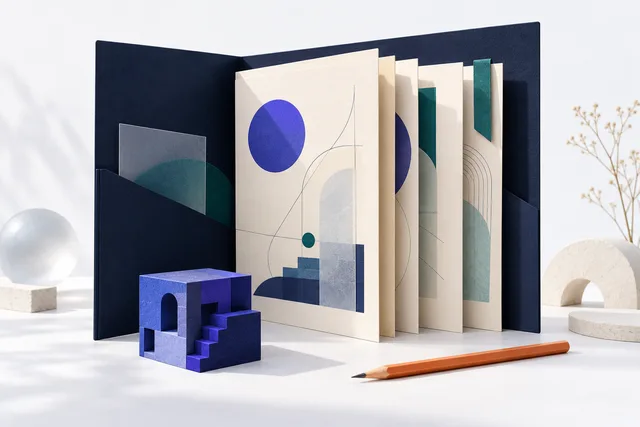 Layered project sheets and an architectural model illustrating the parts of an AI system.