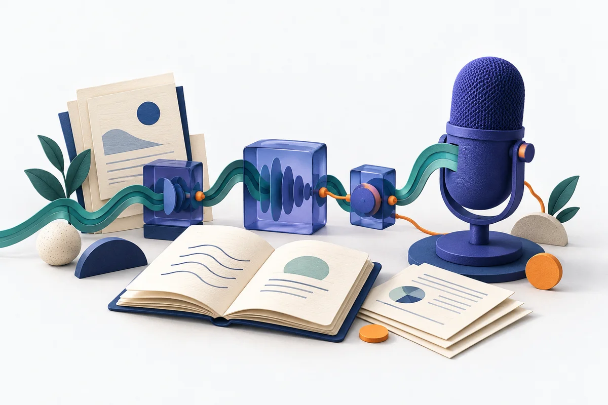 An indigo microphone connected to audio processing blocks beside an open notebook.